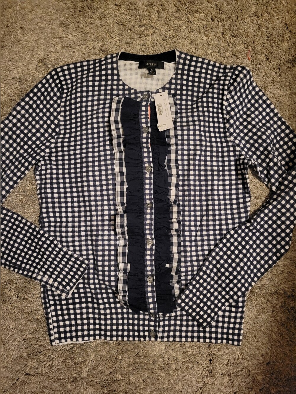 J. Crew Navy and White Gingham Ruffle Button-Front Top